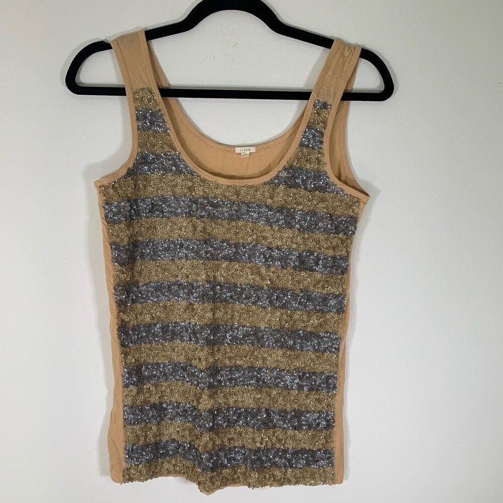 J Crew Tank Top Women’s XS Tan Brown Striped Sequins Sleeveless Tank Top